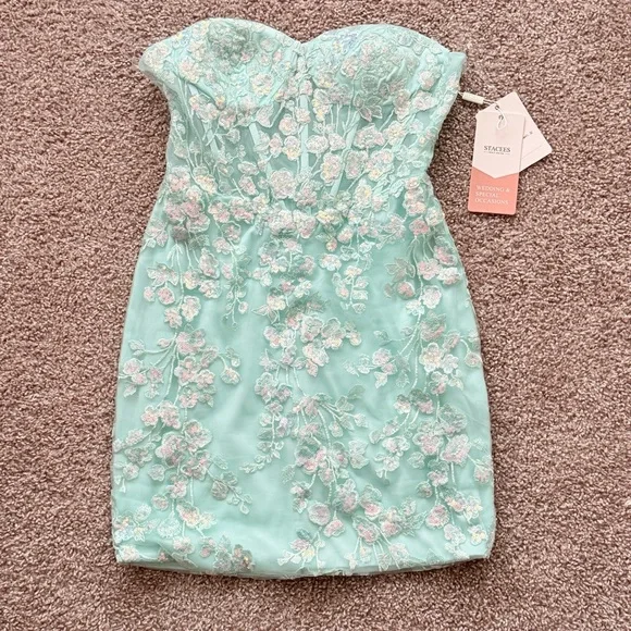 NEW Stacees Mint Green Lace Mini Dress Corset Bodice Lace-Up Back Formal
